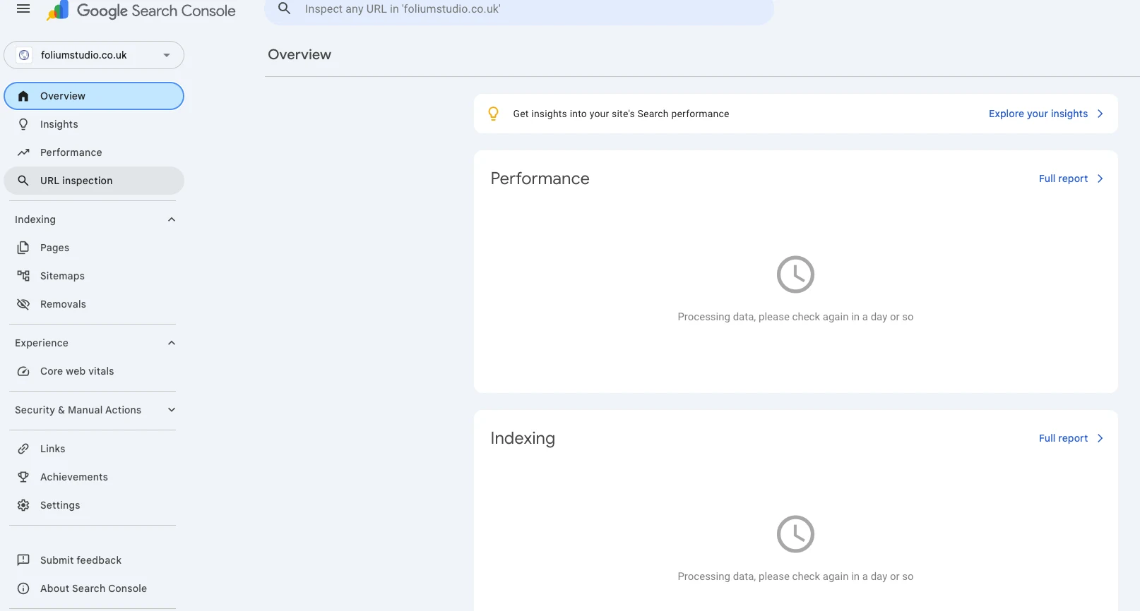 Google Search Console Overview for foliumstudio.co.uk on 4 Jun 2026: the Performance and Indexing cards both show 'Processing data, please check again in a day or so' — a brand-new property with nothing reported yet.