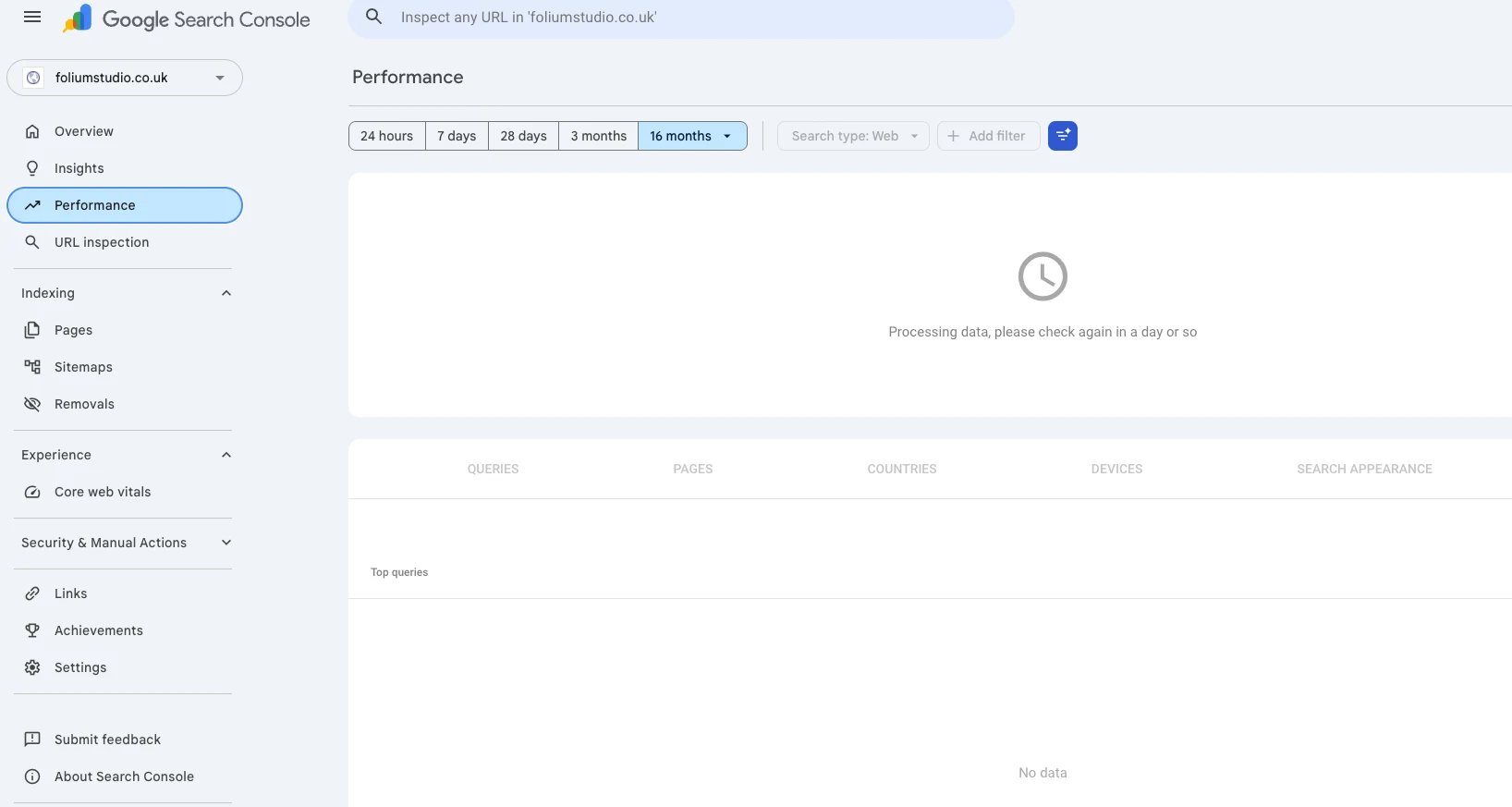 Google Search Console Performance report for foliumstudio.co.uk over the last 16 months, showing 'Processing data, please check again in a day or so' and no query data — no clicks and no impressions.