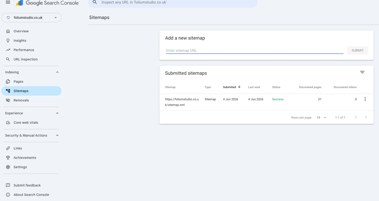 Google Search Console Sitemaps report for foliumstudio.co.uk. One sitemap, sitemap.xml, submitted 4 Jun 2026 and last read 4 Jun 2026, status Success, with 31 discovered pages and 0 discovered videos.